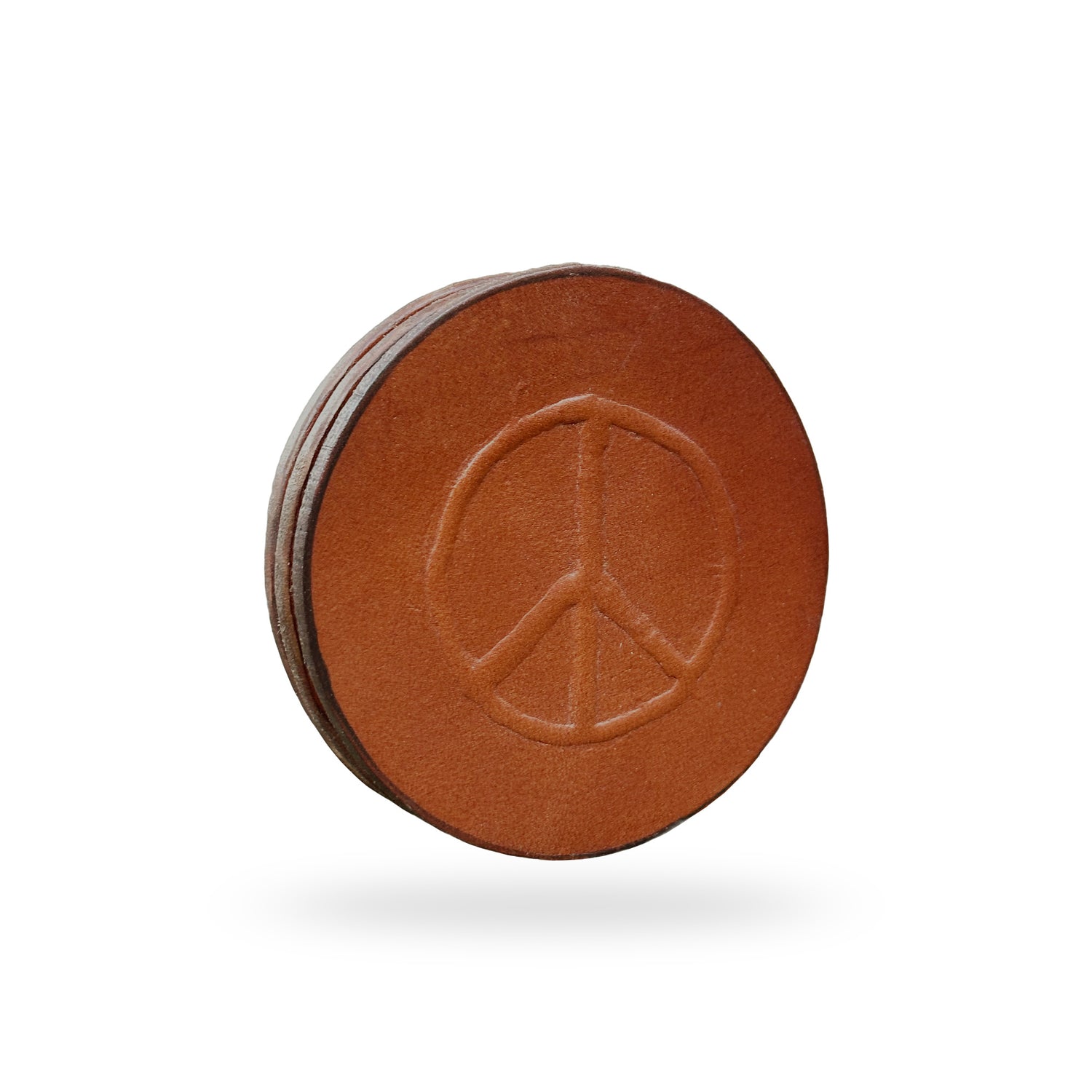 Embossed with Hand Carved Peace Sign, English Bridle Leather Coaster Set of 4