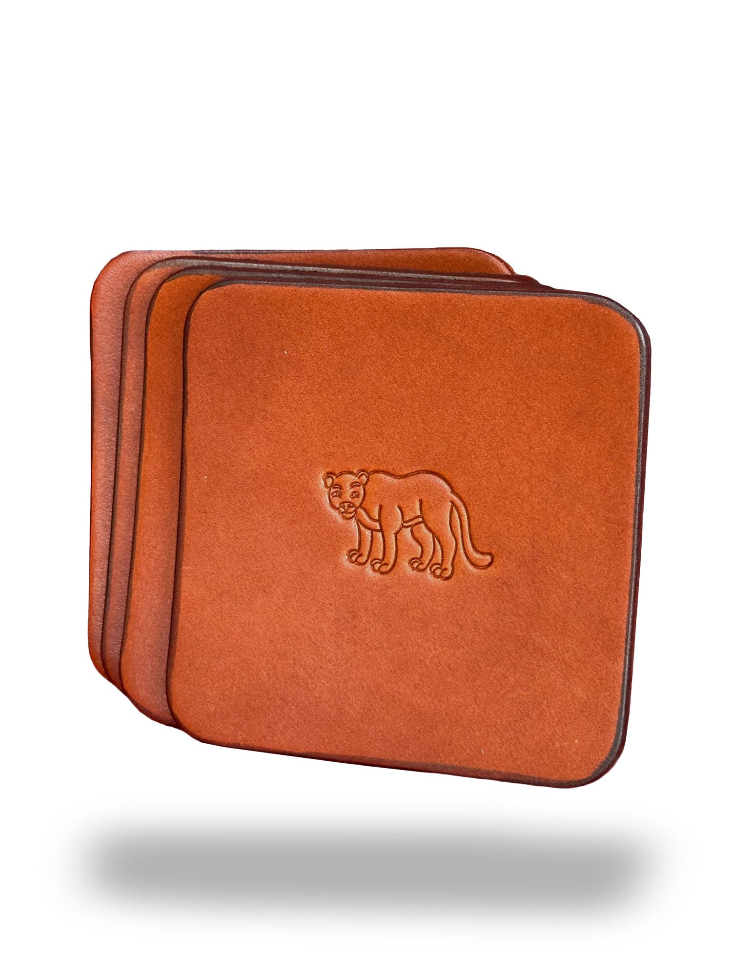 Square Leather Coasters with Lion Design - Set of 4