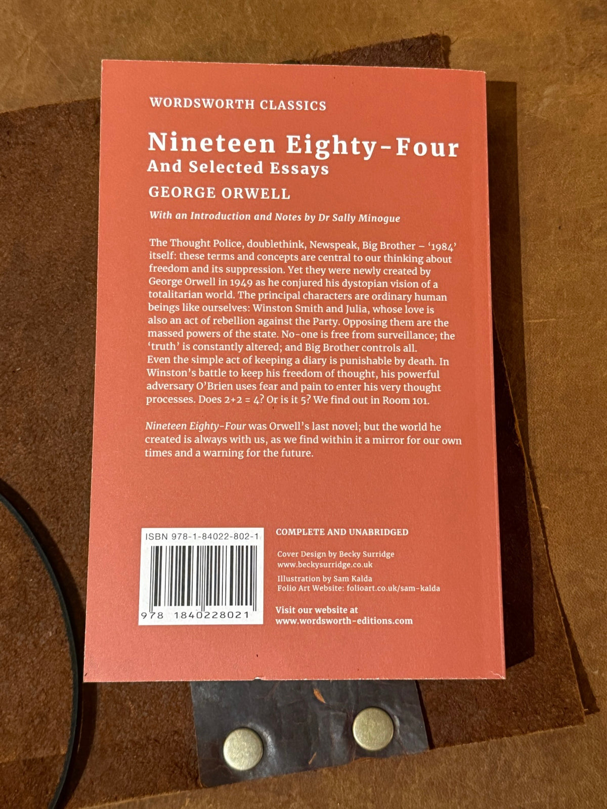 Leather  Book Cover with a book.  1984, Wind in The Willows, Dylan Thomas Poems or  Animal Farm