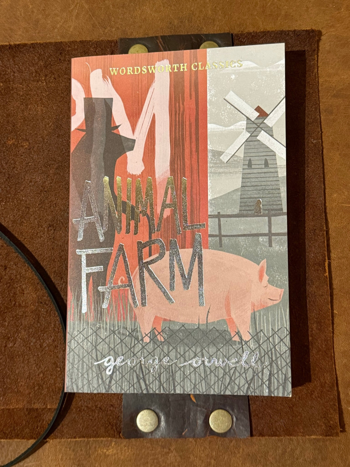 Leather  Book Cover with a book.  1984, Wind in The Willows, Dylan Thomas Poems or  Animal Farm