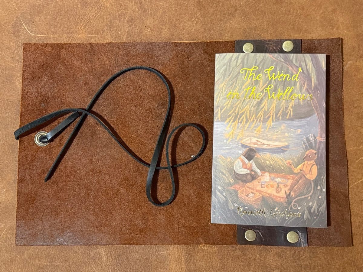 Leather  Book Cover with a book.  1984, Wind in The Willows, Dylan Thomas Poems or  Animal Farm