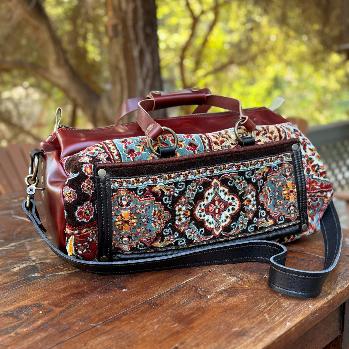 Custom Leather and  Carpet Duffle Bag. Depost