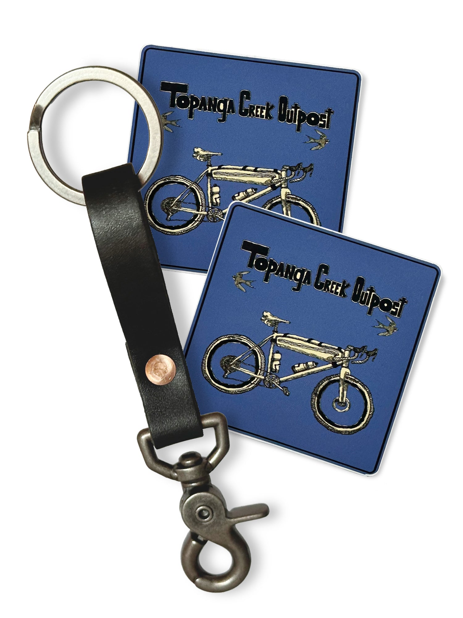 2  Bikepacking Stickers and a Customized Bustler Keychain Hand made by us in Topanga