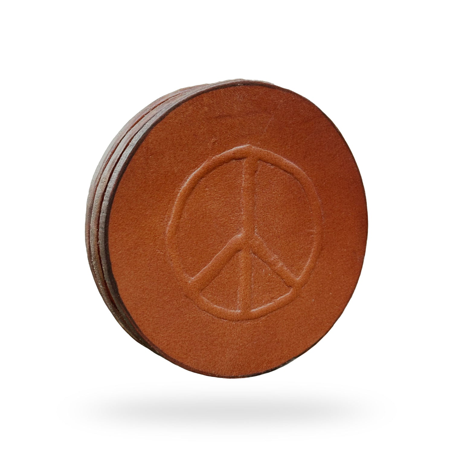 Embossed with Hand Carved Peace Sign, English Bridle Leather Coaster Set of 4